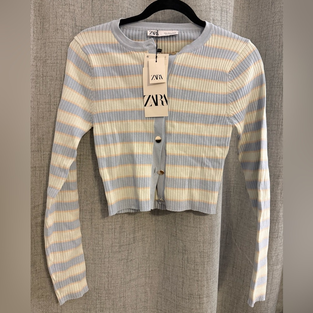 ZARA NWT Striped Knit Blue and White Cardigan Jacket Gold Buttons Size Medium - Picture 3 of 6